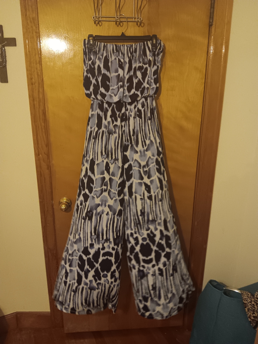 Ariella Strapless Blue and Black Printed Jumpsuit